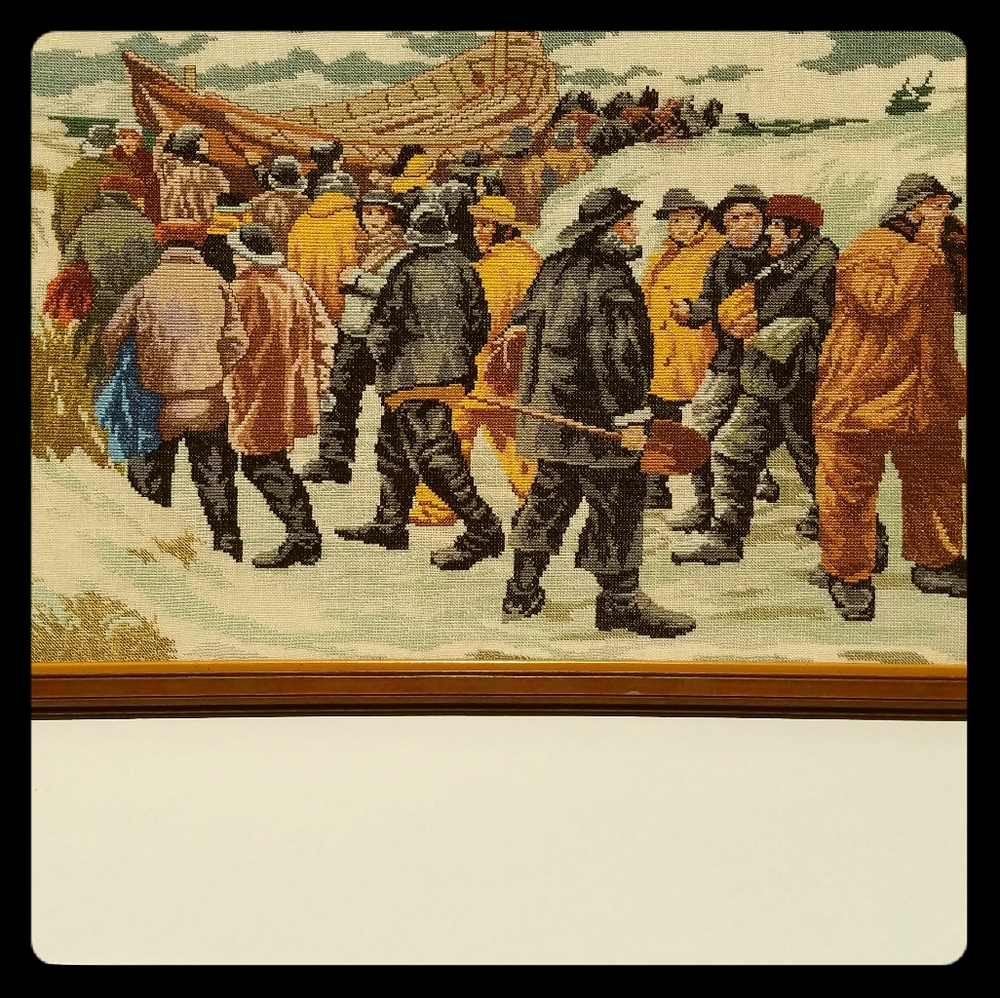 Vintage Fishermen Scene Needlepoint Framed